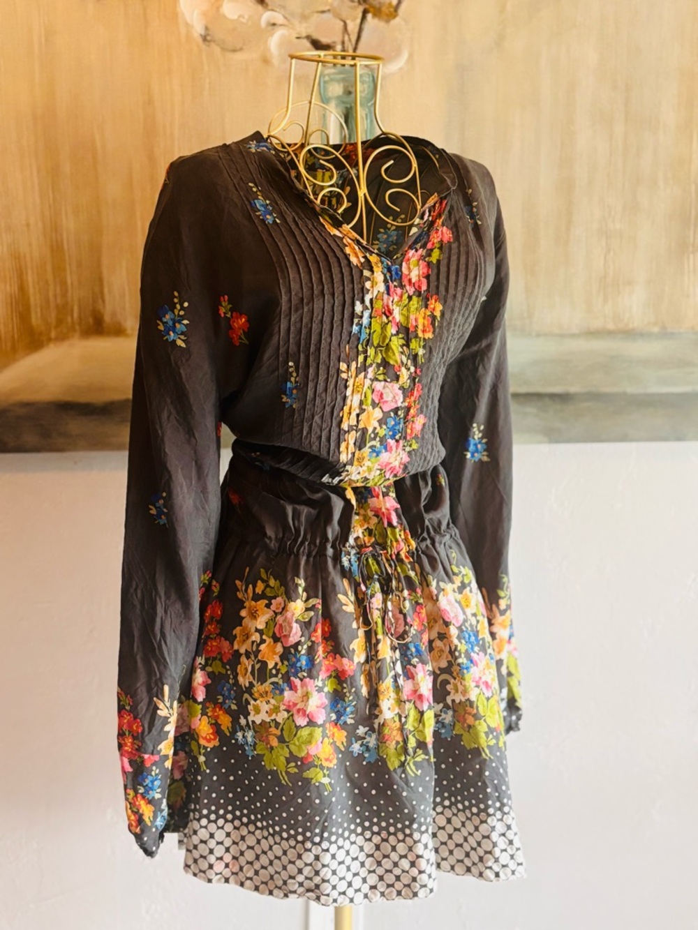 Johnny Was 100% Silk Floral Boho Tunic Dress Oversized L XL